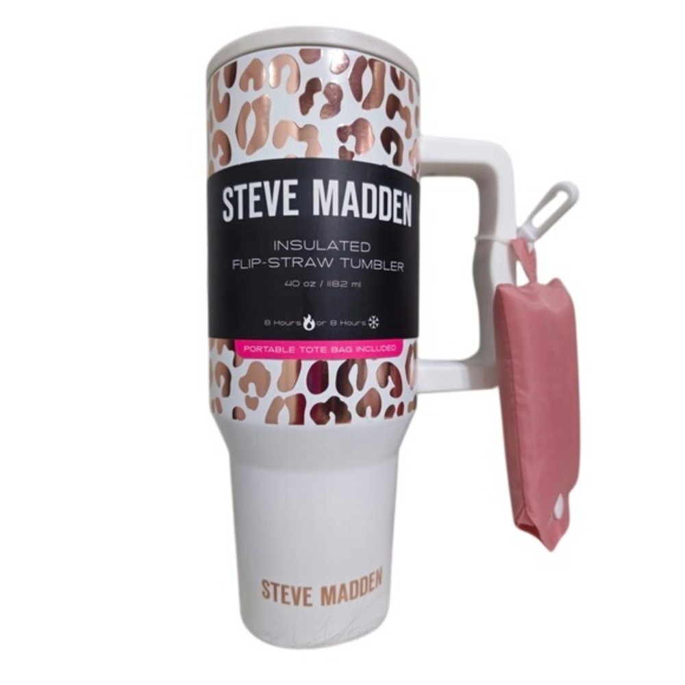 Steve Madden Flip Straw Tumbler 40 oz Leopard Print Rose Gold White NWT